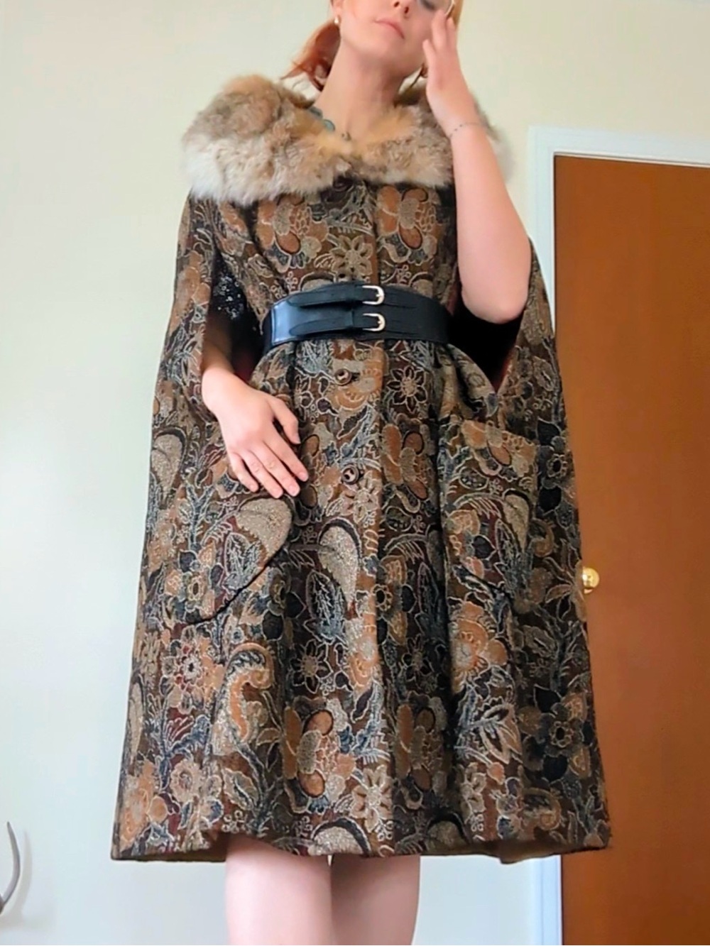 Floral Brocade Cape Coat with Genuine Fur Collar
